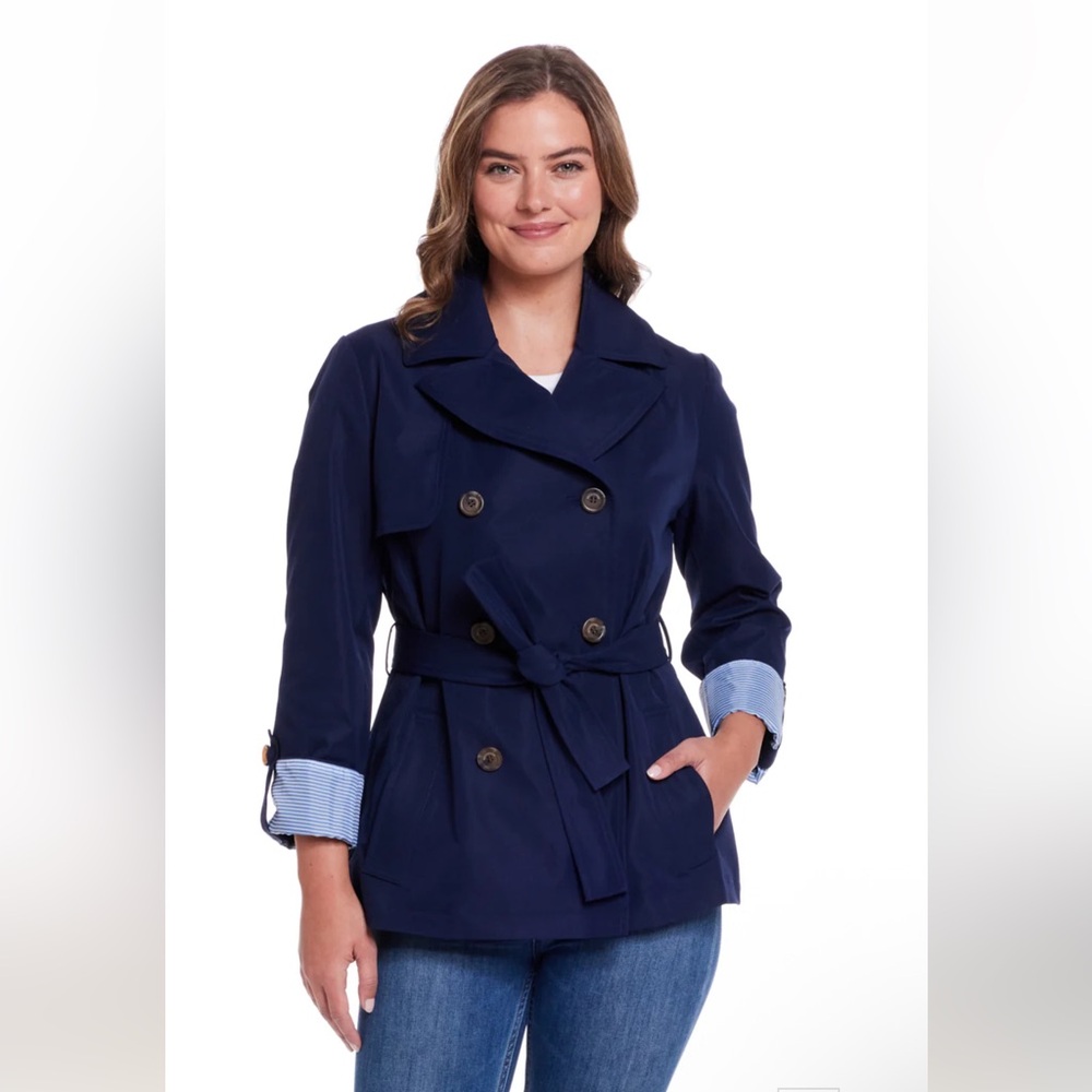 Weatherproof Navy Blue Double Breasted Trench Coat Striped Lining,Various Sizes
